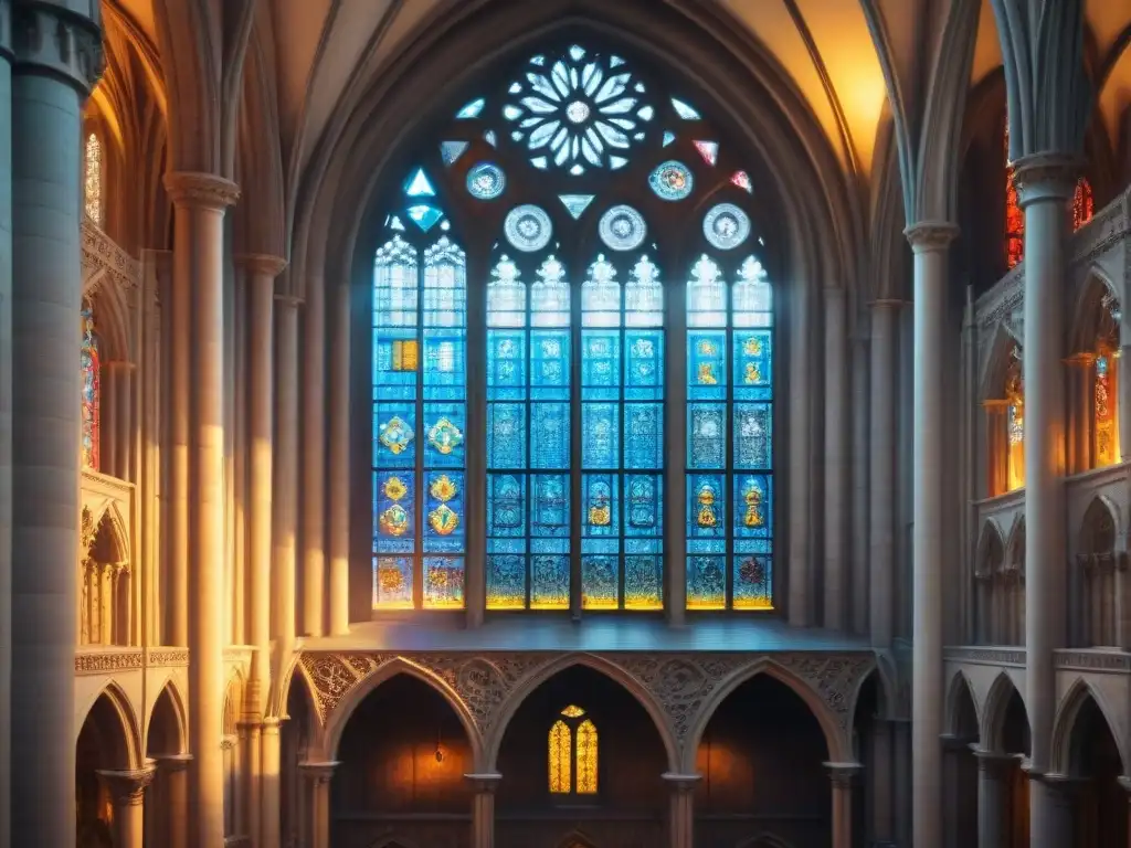 Intrincados símbolos alquímicos esculpidos en la fachada de una majestuosa catedral gótica, con luz solar filtrándose a través de vitrales coloridos