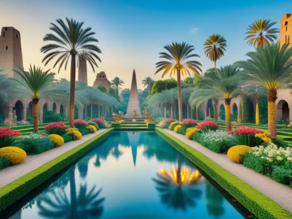 Jardines alquímicos en Luxor: un escenario botánico sagrado de ensueño con símbolos antiguos integrados sutilmente