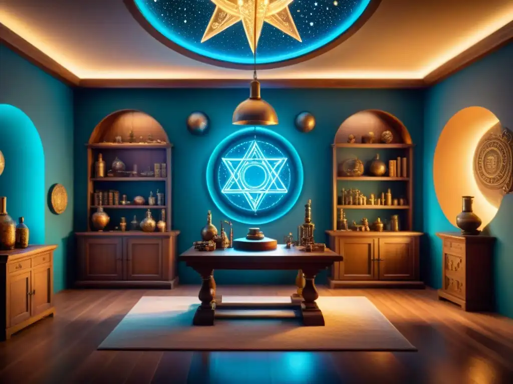 Alquimia celestial: laboratorio místico y ancestral Laberinto alquímico celestial con símbolos astrológicos antiguos, conexión mística y aura de sabiduría