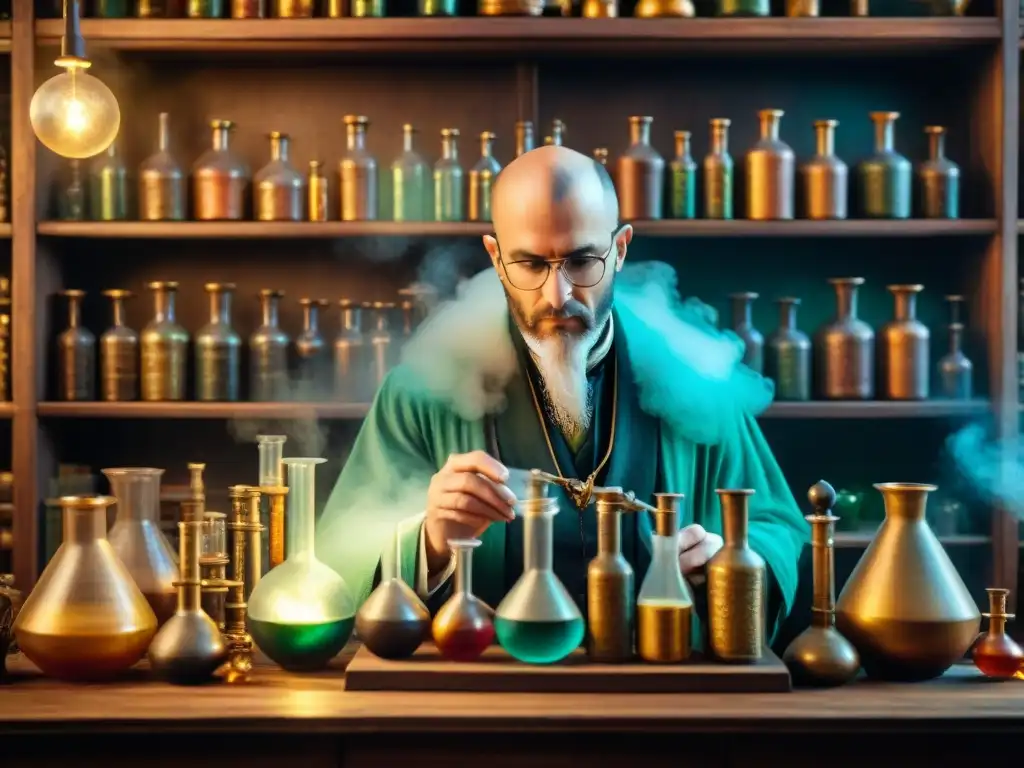Ilustración sepia de laboratorio alquímico con alquimista y pociones Laberinto alquímico lleno de misterios y descubrimientos