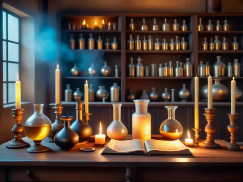 Un laboratorio de alquimia ancestral en sepia, con cristalería detallada, pociones burbujeantes, pergaminos misteriosos y velas iluminando sombras