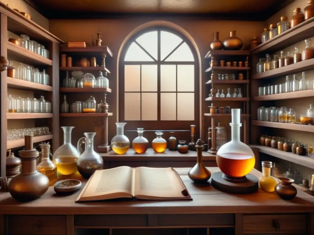Laboratorio alquímico antiguo: misterios y transformación en sepia Un laboratorio de alquimia ancestral lleno de misteriosas pócimas y libros polvorientos sobre crecimiento personal, en tonos sepia cálidos