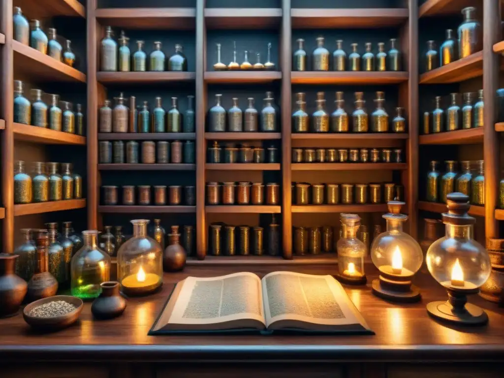 Un laboratorio de alquimia ancestral en penumbra, con frascos, libros y velas, evocando misterio