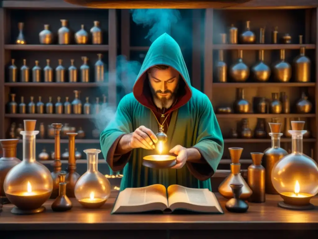 Un laboratorio de alquimia antigua con figuras misteriosas y libros antiguos, iluminado por velas