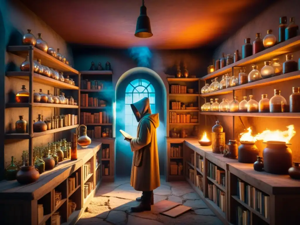 Un laboratorio de alquimia antigua con figuras misteriosas y libros polvorientos, iluminado por el fuego