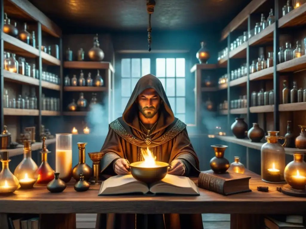 Un laboratorio de alquimia antigua iluminado por velas, con libros y utensilios antiguos