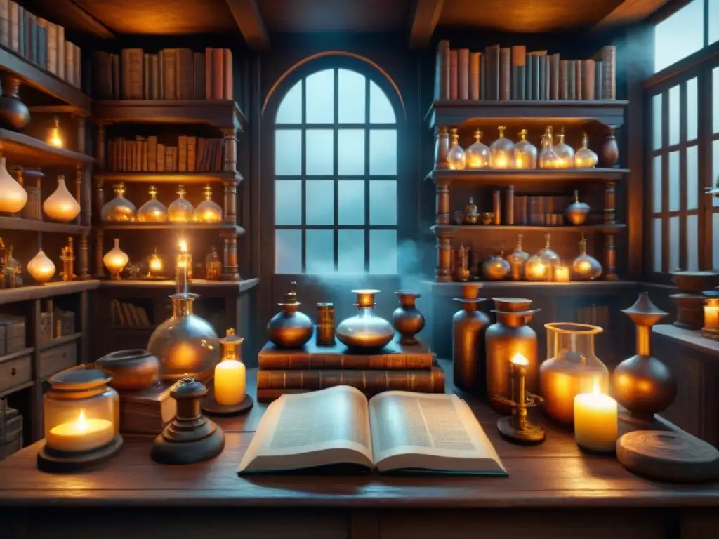 Un laboratorio de alquimia antigua lleno de vidriería, libros y velas, evocando misterio y sabiduría