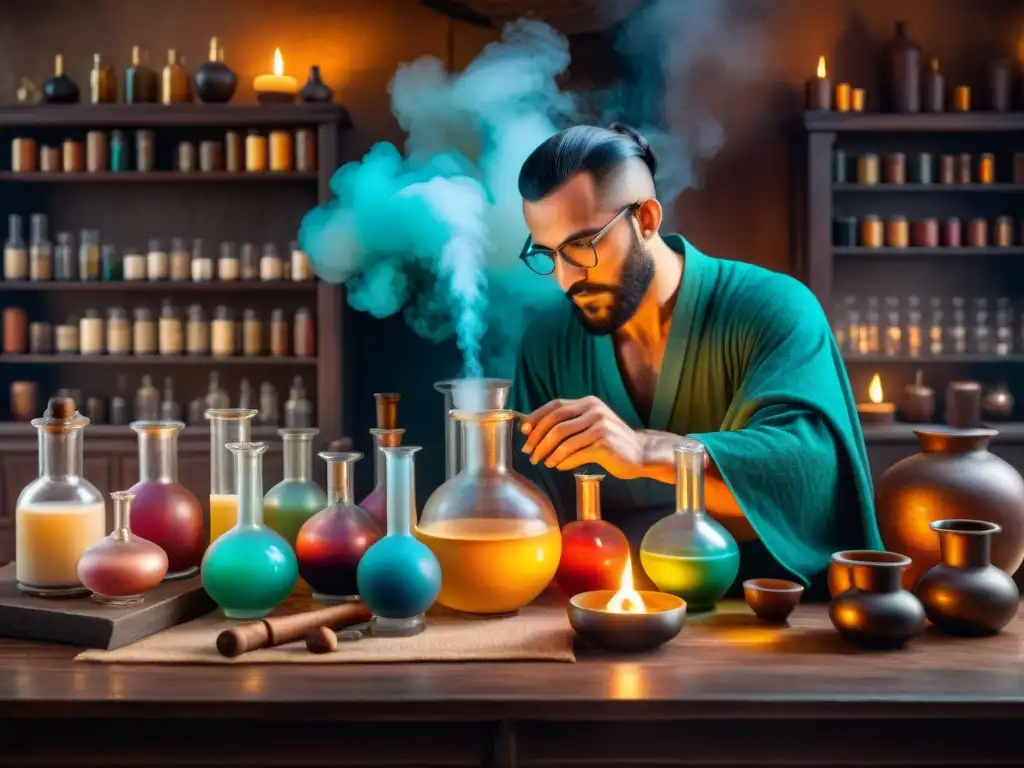 Misterioso laboratorio alquímico: evolución a bioquímica Un laboratorio de alquimia antigua con misteriosos ingredientes y velas, reflejando la evolución a bioquímica en productos de belleza