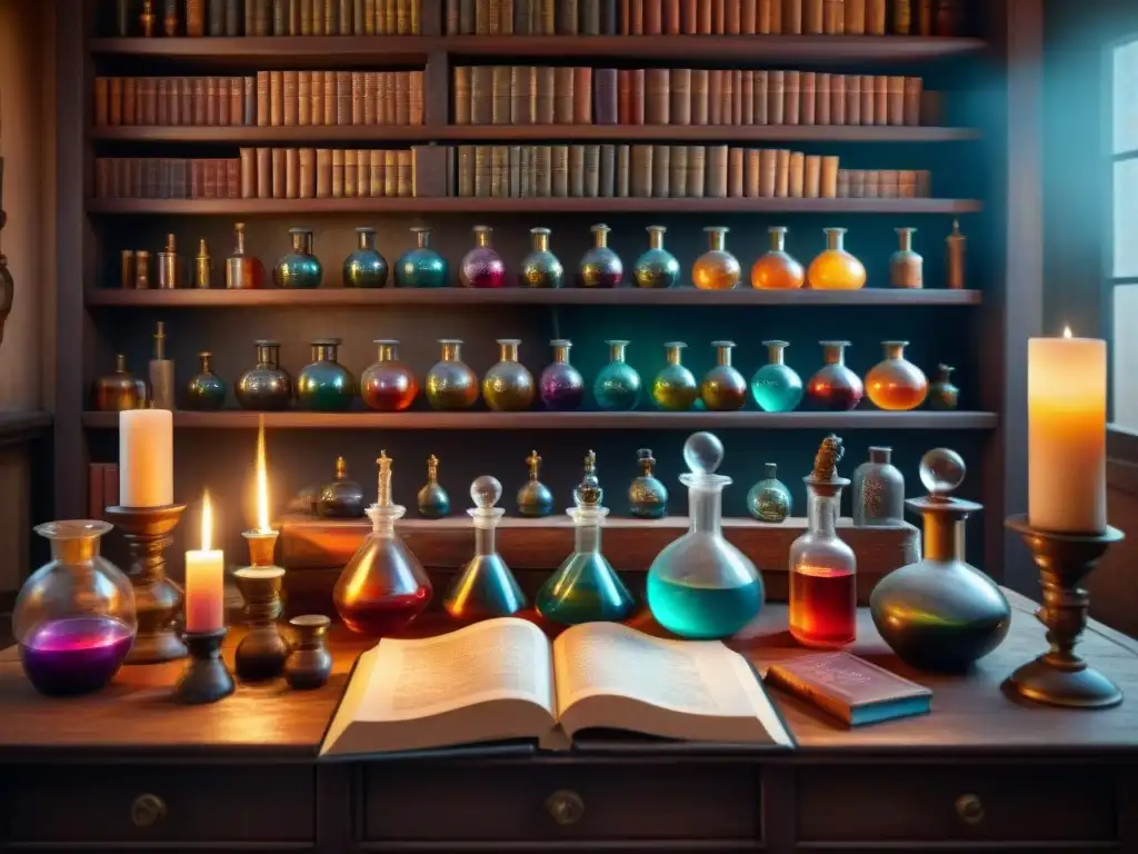 Un laboratorio de alquimia antigua con velas, libros polvorientos y frascos de colores, evocando la historia de la alquimia moderna