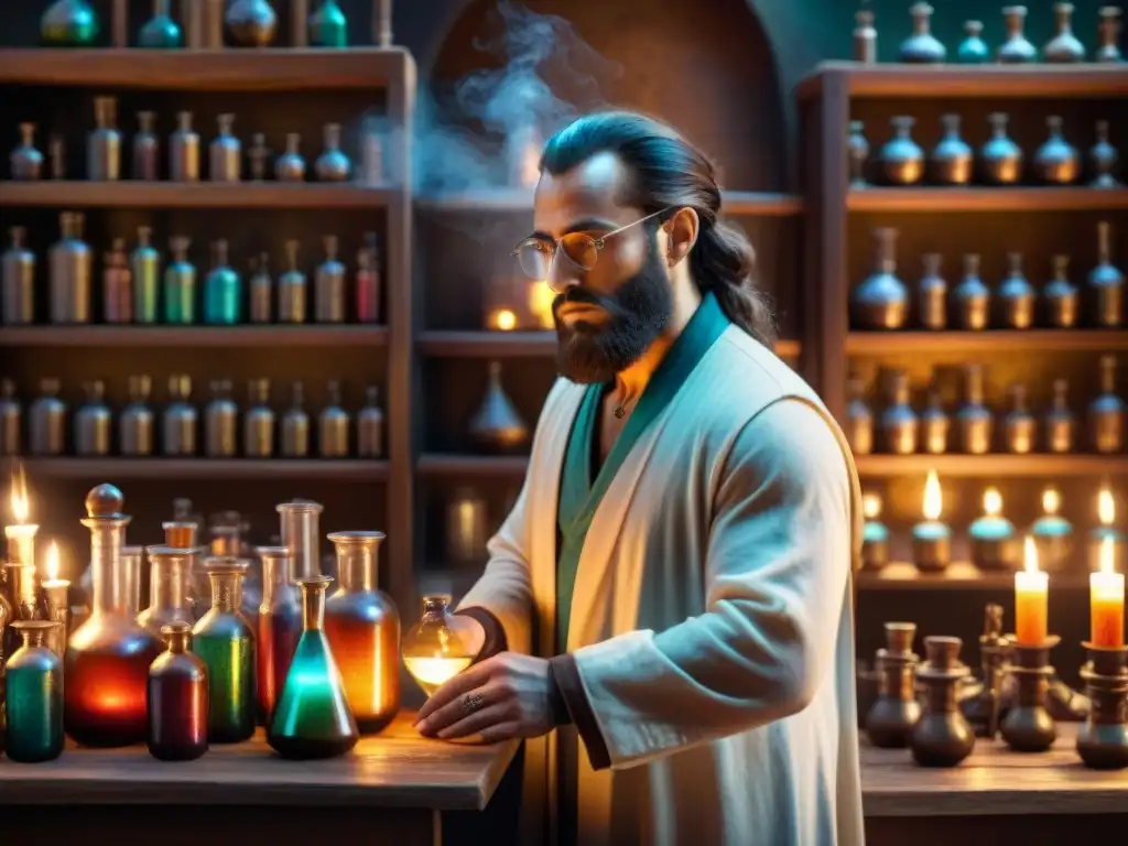 Laboratorio alquímico antiguo: misterios y maravillas En un laboratorio de alquimia antiguo, el alquimista vierte líquidos brillantes