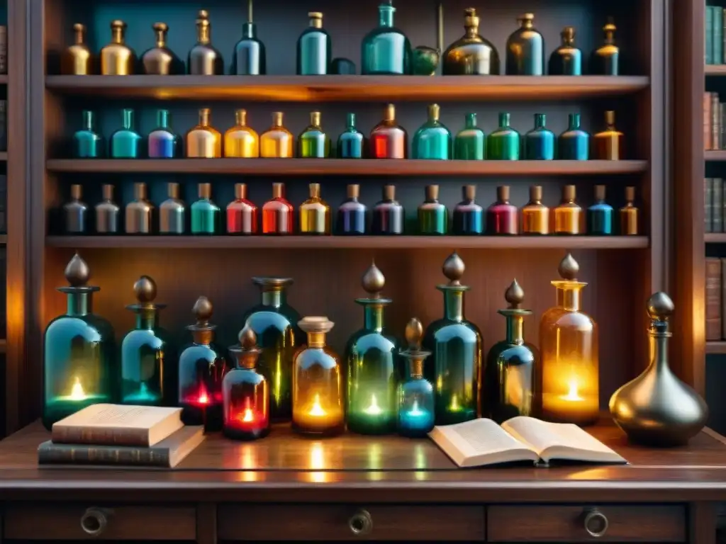 Un laboratorio de alquimia antiguo con botellas de colores, herramientas metálicas y libros de cuero, iluminado por velas