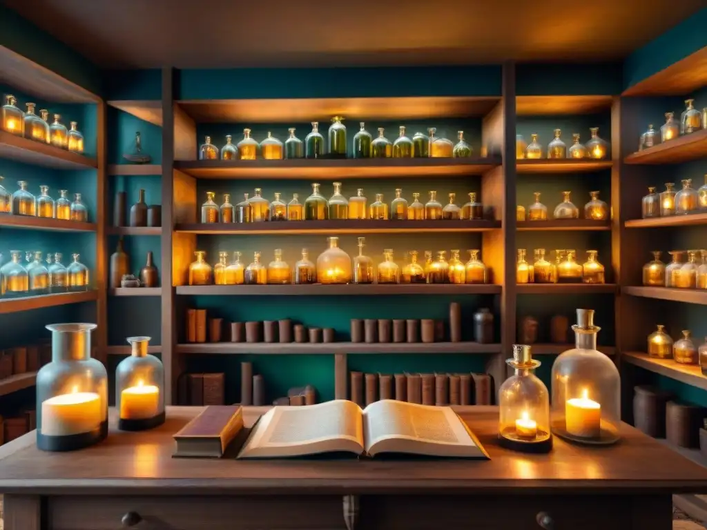 Un laboratorio de alquimia antiguo con botellas de cristal, libros y velas, envuelto en misterio y magia