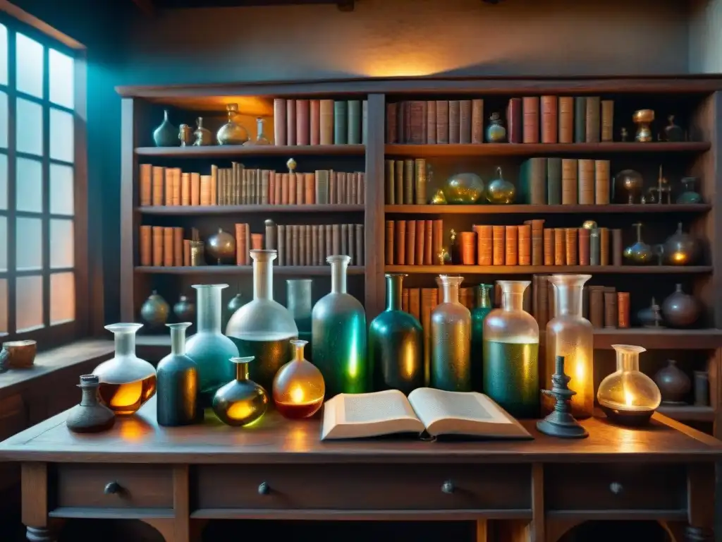 En un laboratorio de alquimia antiguo, brillante piedra filosofal ilumina misteriosamente la habitación llena de cristalería y libros