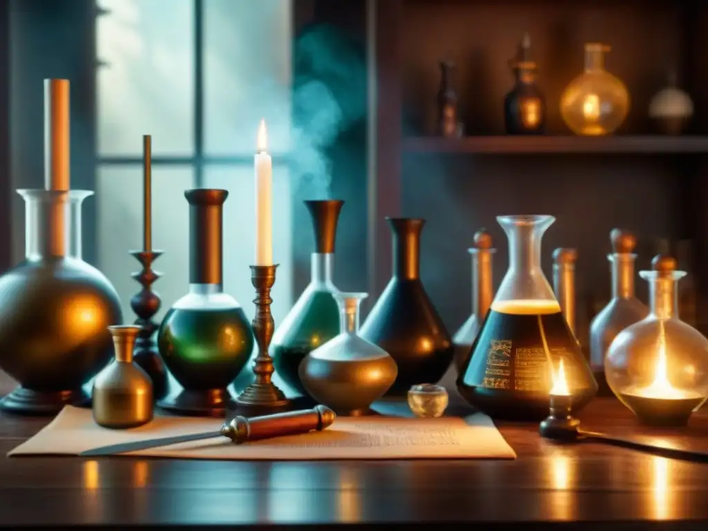 Alquimia mágica en laboratorio ancestral Un laboratorio de alquimia antiguo, con cristalería intrincada, pociones burbujeantes y figuras misteriosas