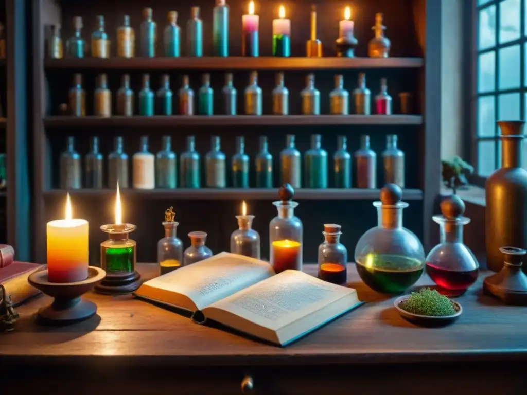 Laboratorio de alquimia antiguo con cristalería intricada, libros polvorientos y luz de velas