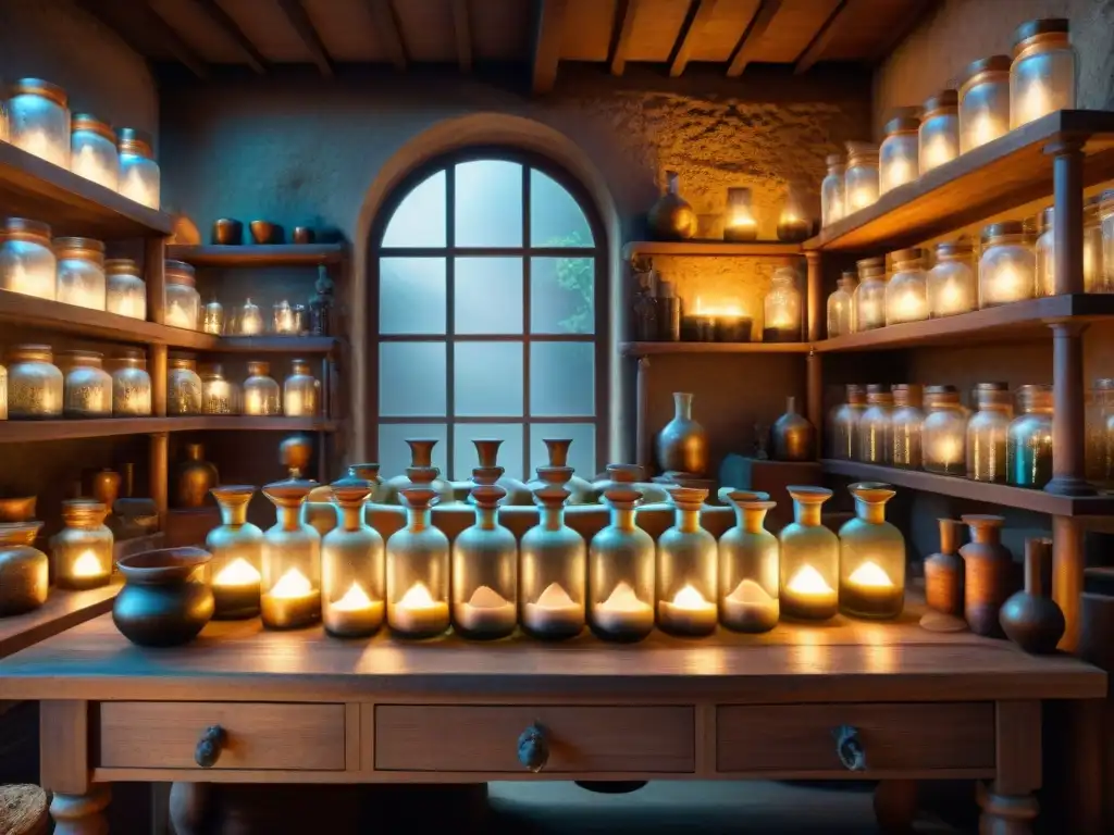 Un laboratorio de alquimia antiguo y detallado, iluminado por velas, lleno de instrumentos y misteriosos ingredientes en frascos