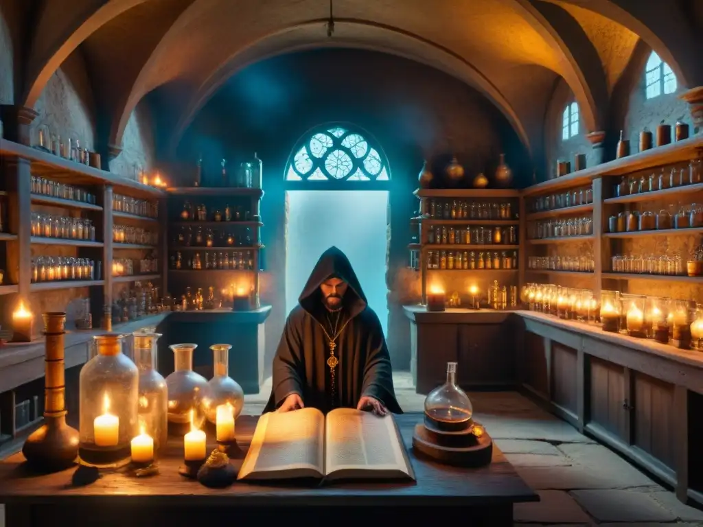 Un laboratorio de alquimia antiguo con figuras icónicas en la penumbra, libros antiguos y luces titilantes