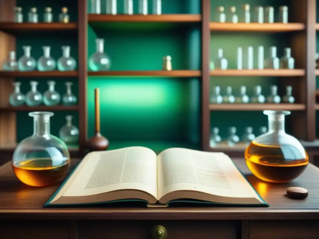 Un laboratorio de alquimia antiguo con frascos burbujeantes y estantes llenos de ingredientes misteriosos