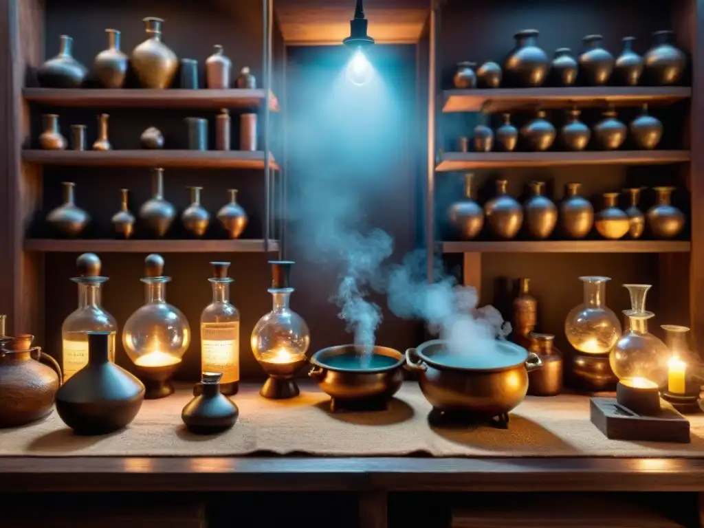 Un laboratorio de alquimia antiguo con frascos intrincados, pociones burbujeantes en calderos de bronce y estantes llenos de tomos polvorientos e ingredientes misteriosos, iluminado por la luz tenue de velas que proyectan sombras inquietantes