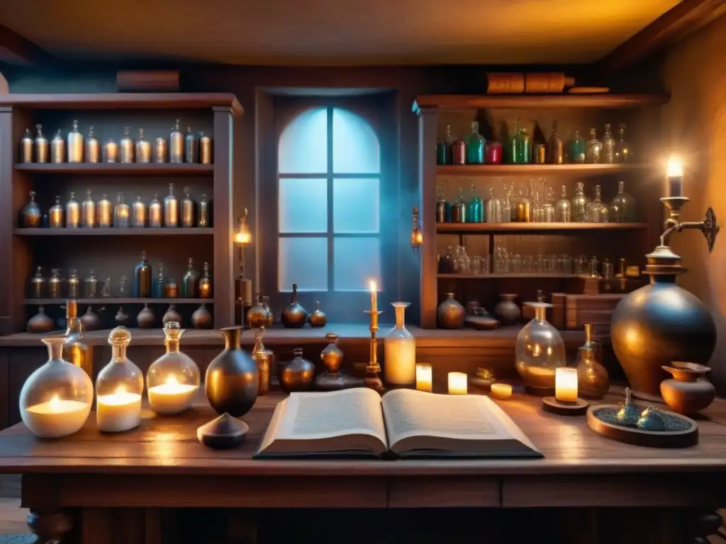 Un laboratorio de alquimia antiguo iluminado por velas, con frascos burbujeantes y libros polvorientos