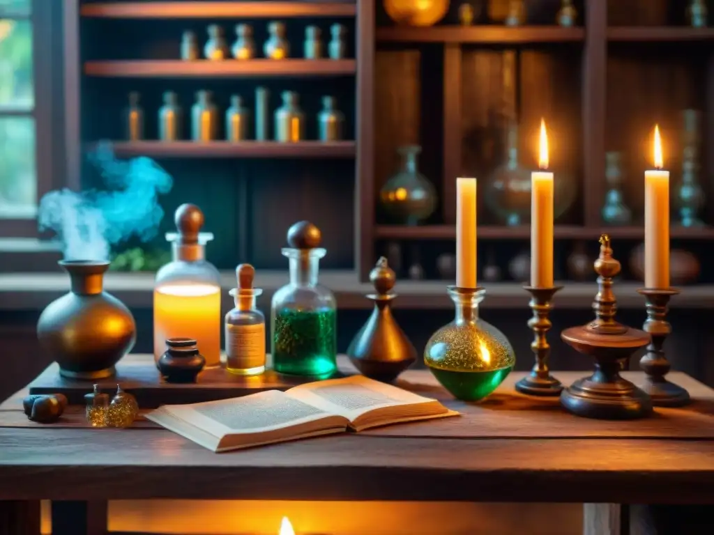 Un laboratorio de alquimia antiguo iluminado por velas, con mesa de madera llena de frascos y pergaminos, captando la esencia mágica y misteriosa