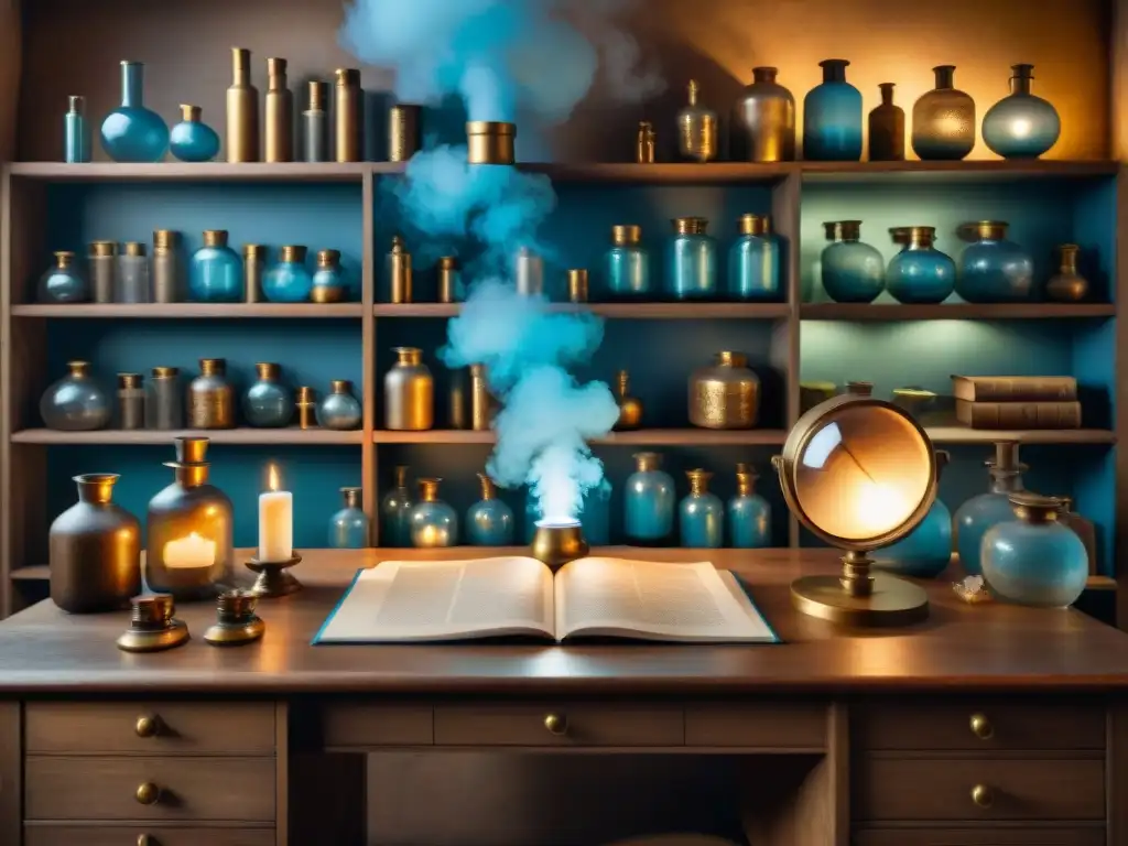 Antiguo laboratorio de alquimia, misterioso y fascinante Un laboratorio de alquimia antiguo, iluminado por velas, repleto de frascos misteriosos y libros polvorientos