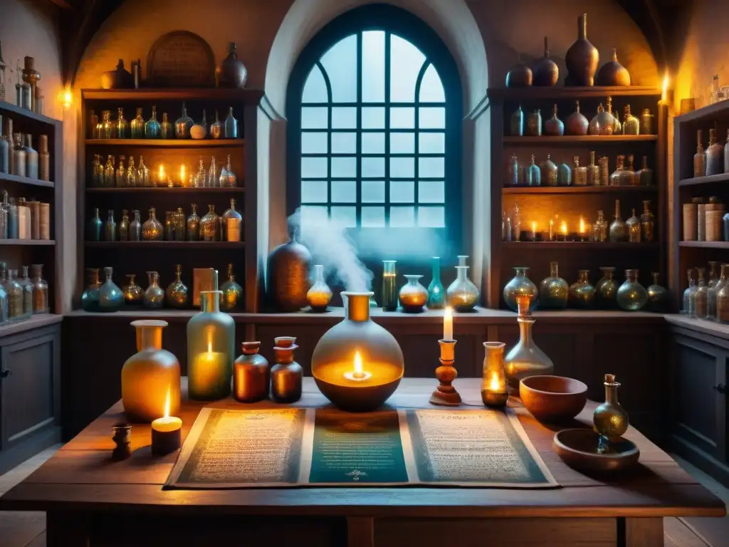 Un laboratorio de alquimia antiguo, iluminado por velas, con textos alquímicos, símbolos y una atmósfera mística