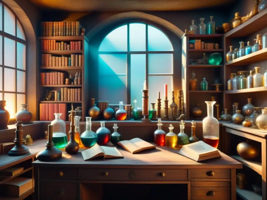 Un laboratorio de alquimia antiguo con libros, frascos y símbolos misteriosos, iluminado por la luz del sol