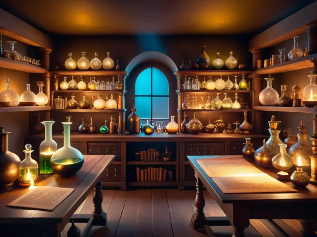 Laboratorio alquímico ancestral: misticismo y ciencia Un laboratorio de alquimia antiguo lleno de cristalería, líquidos burbujeantes y libros polvorientos