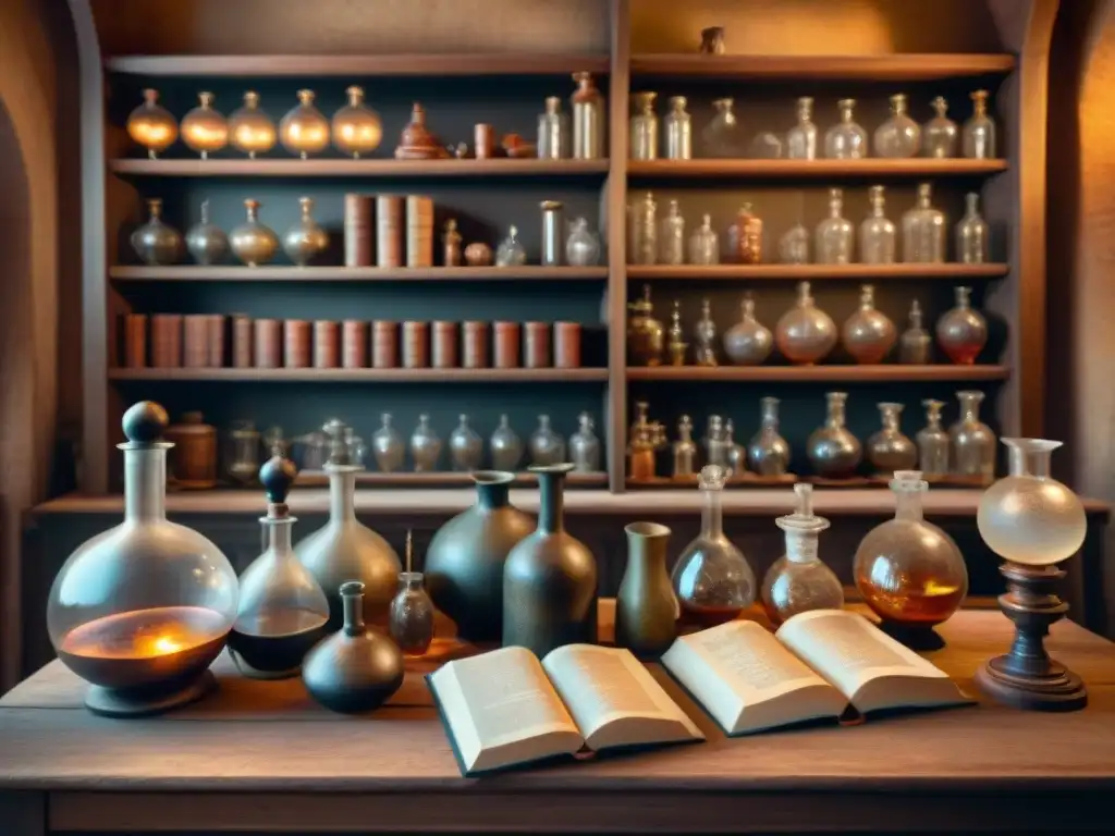 Un laboratorio de alquimia antiguo y misterioso, con utensilios y libros antiguos en tono sepia