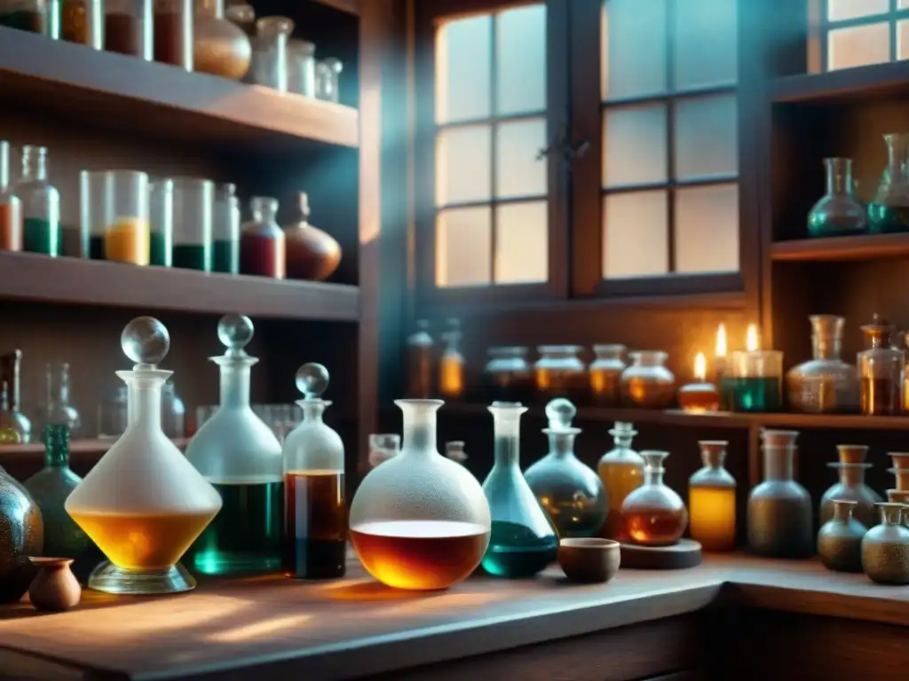 Laboratorio de alquimia antiguo con vidriería detallada, pociones burbujeantes, ingredientes misteriosos y ambiente sepia evocador