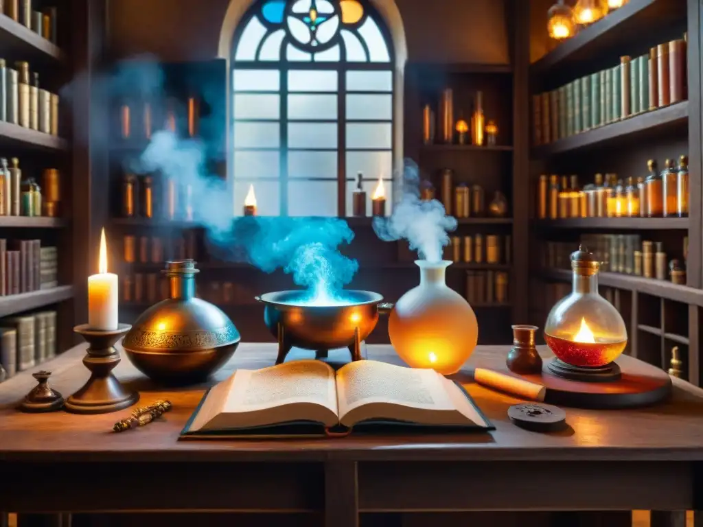 Alquimia ancestral: laboratorio de bronce y vidrio Un laboratorio de alquimia con calderos de bronce, estantes llenos de frascos y un libro antiguo abierto