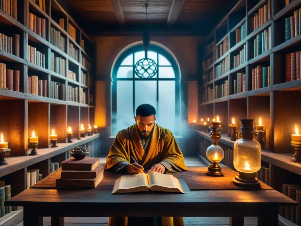 Un laboratorio de alquimia clandestino en una antigua biblioteca, con velas iluminando manuscritos y frascos