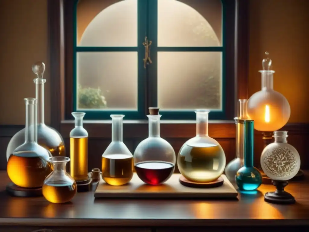 Un laboratorio de alquimia vintage detallado, con frascos burbujeantes y símbolos místicos, en tonos sepia para evocar historia y misterio