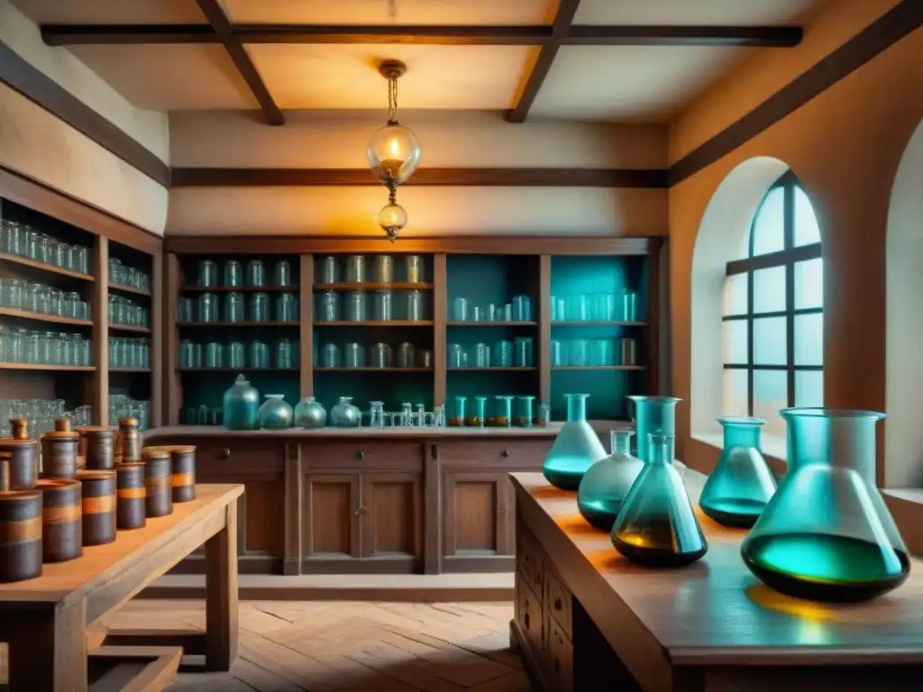 Laboratorio de alquimia vintage: misterio y curiosidad Un laboratorio de alquimia vintage detallado en sepia, con frascos burbujeantes y símbolos misteriosos, evocando curiosidad intelectual