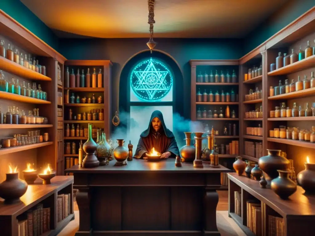 Un laboratorio de alquimia espiritual lleno de misterio, con pociones burbujeantes y figuras en penumbra