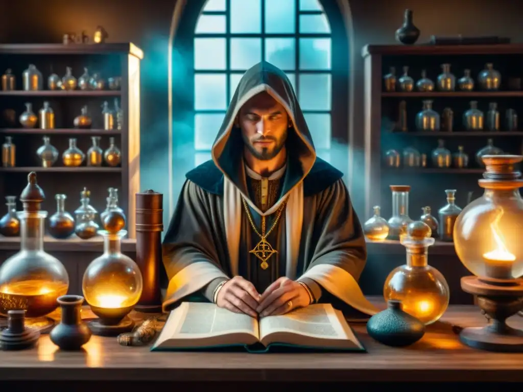 En un laboratorio de alquimia lleno de misterios y sabiduría, el maestro Albertus Magnus enseña a sus discípulos