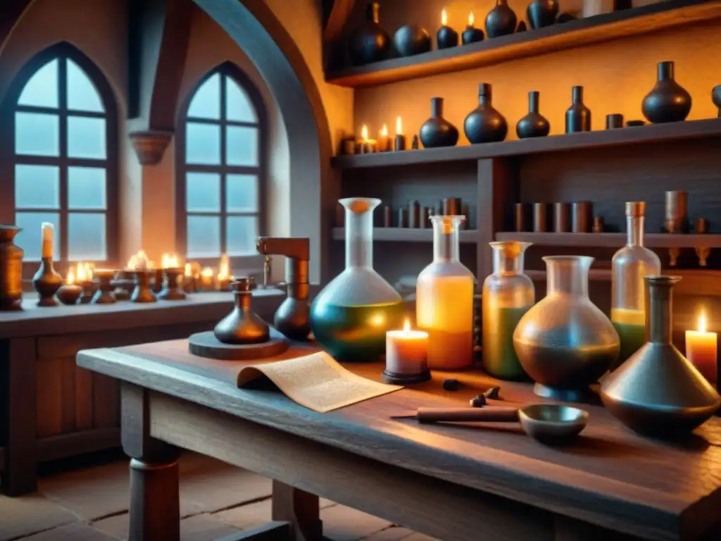 Un laboratorio de alquimia medieval detallado con ingredientes misteriosos, velas y un alquimista en acción