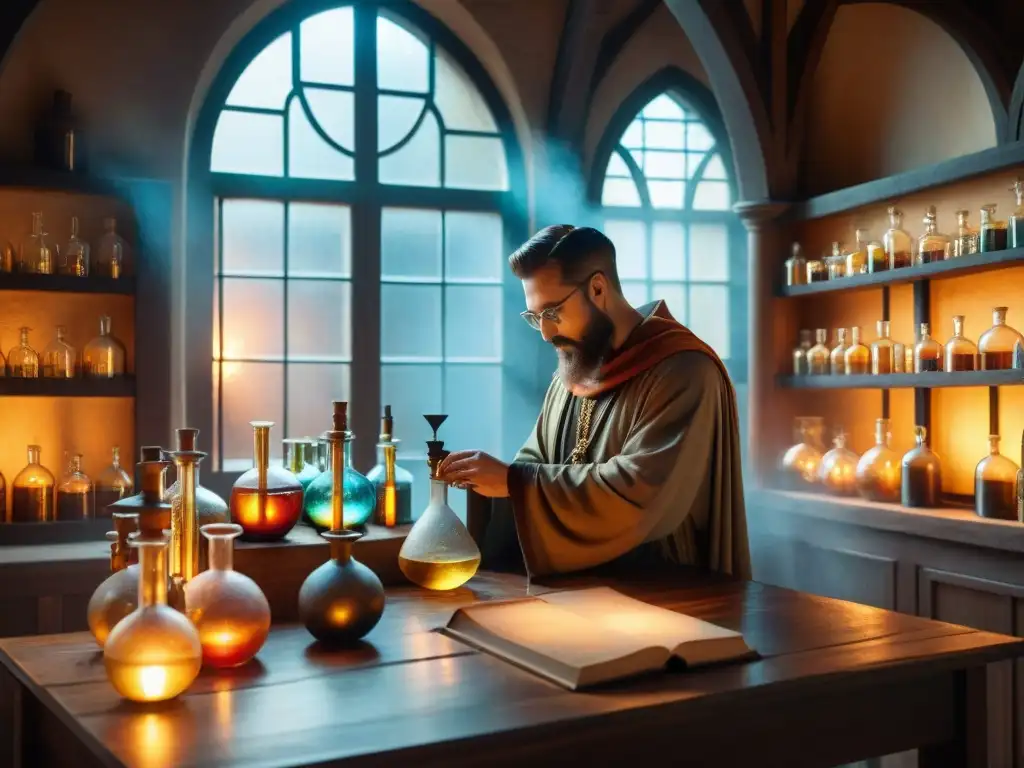 Un laboratorio de alquimia medieval con experimentos y libros antiguos