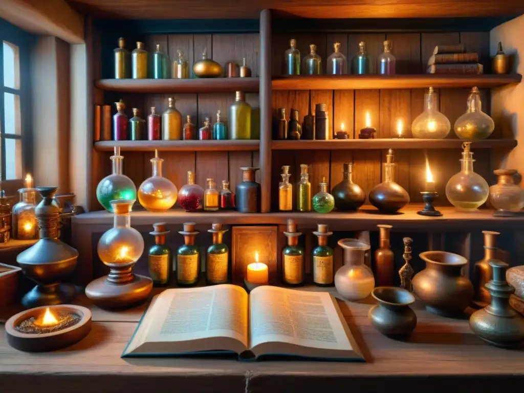 Un laboratorio de alquimia medieval iluminado por velas, con antiguos libros y misteriosos símbolos en las paredes