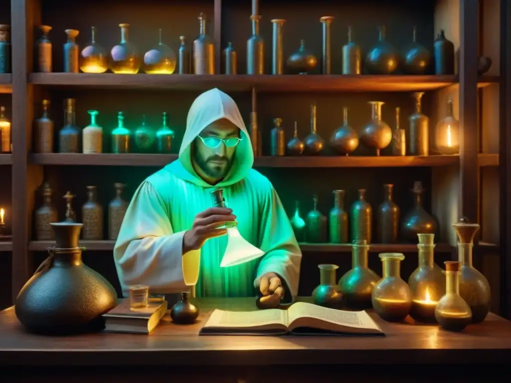 Un laboratorio de alquimia medieval iluminado por un misterioso experimento, inspirando tecnologías modernas