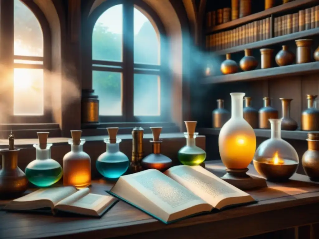 Un laboratorio de alquimia medieval con libros antiguos, pociones burbujeantes y símbolos misteriosos, iluminado por rayos de luz