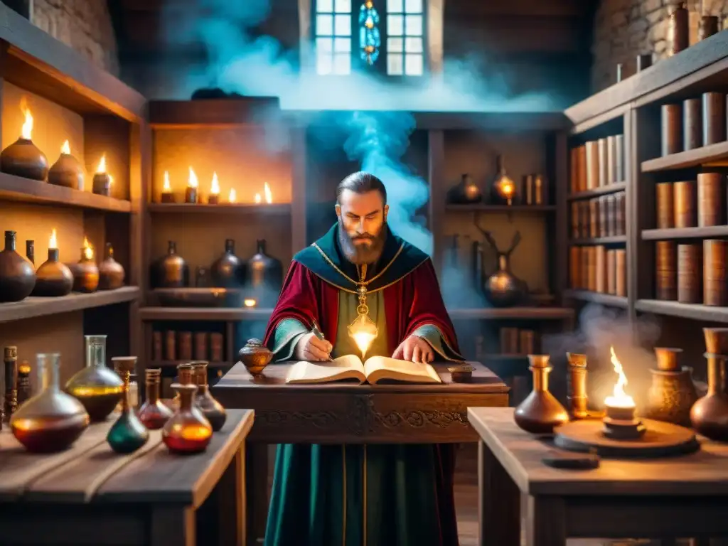 Un laboratorio de alquimia medieval lleno de misterio y sabiduría, con figuras icónicas concentradas en su trabajo