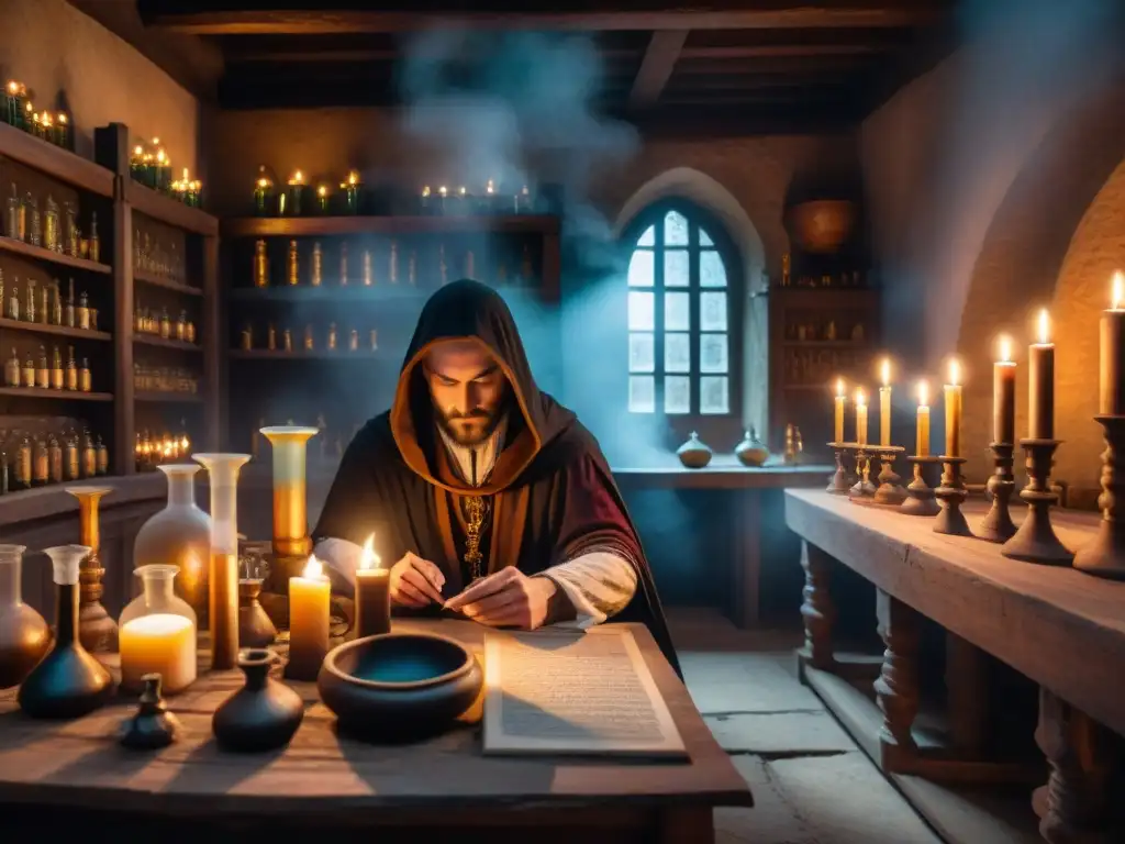 Un laboratorio de alquimia medieval lleno de misteriosos frascos, manuscritos antiguos e instrumentos intrincados, iluminado por velas