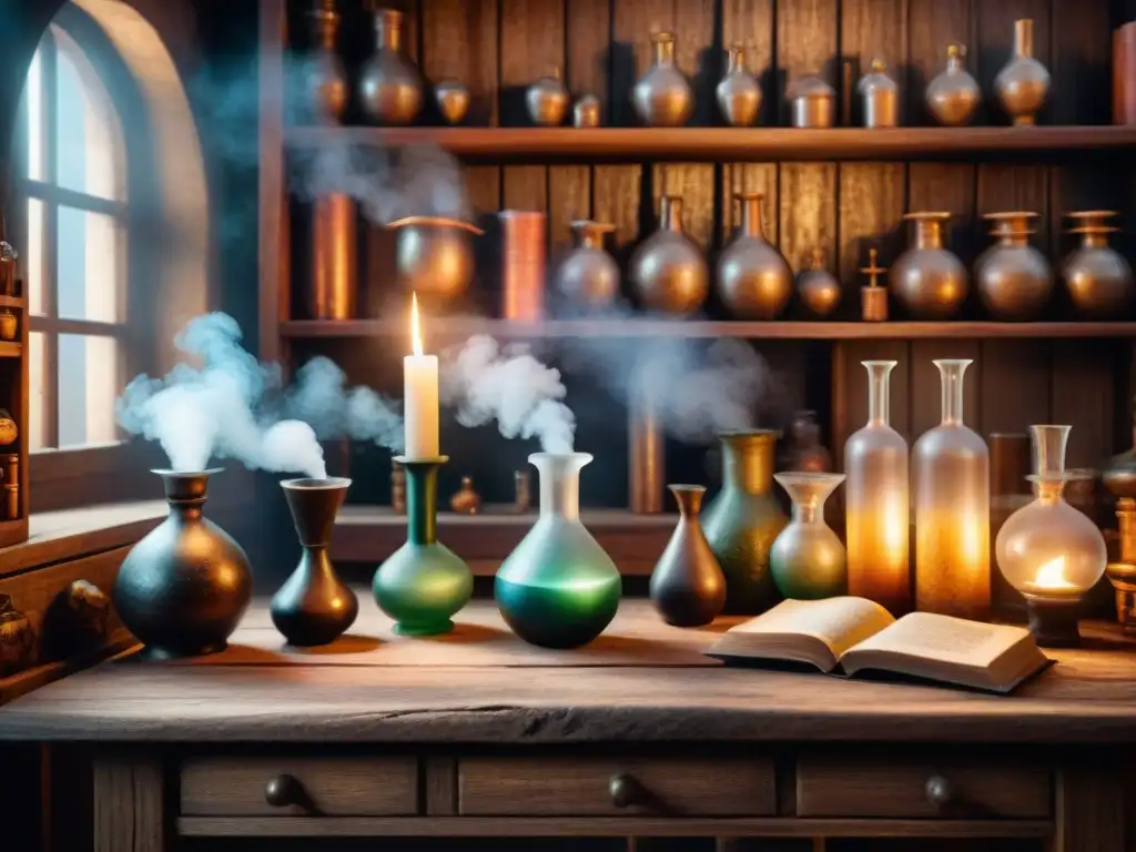 Un laboratorio de alquimia medieval con misteriosos ingredientes, libros antiguos y figuras místicas, iluminado por velas