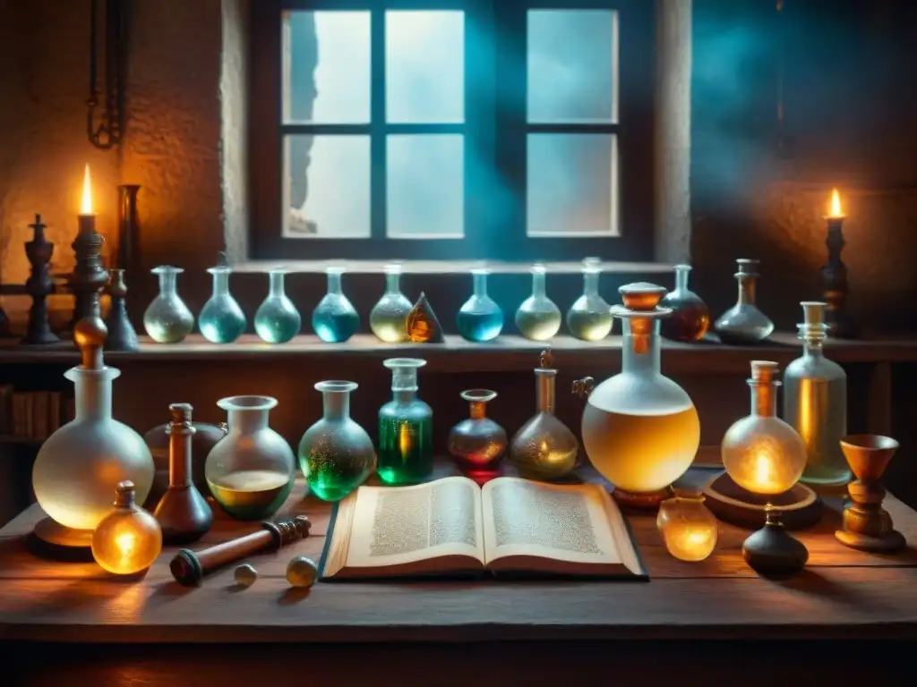 Un laboratorio de alquimia medieval con Zohar en la historia alquimia: vidriería, pociones burbujeantes, libros antiguos y aura mística