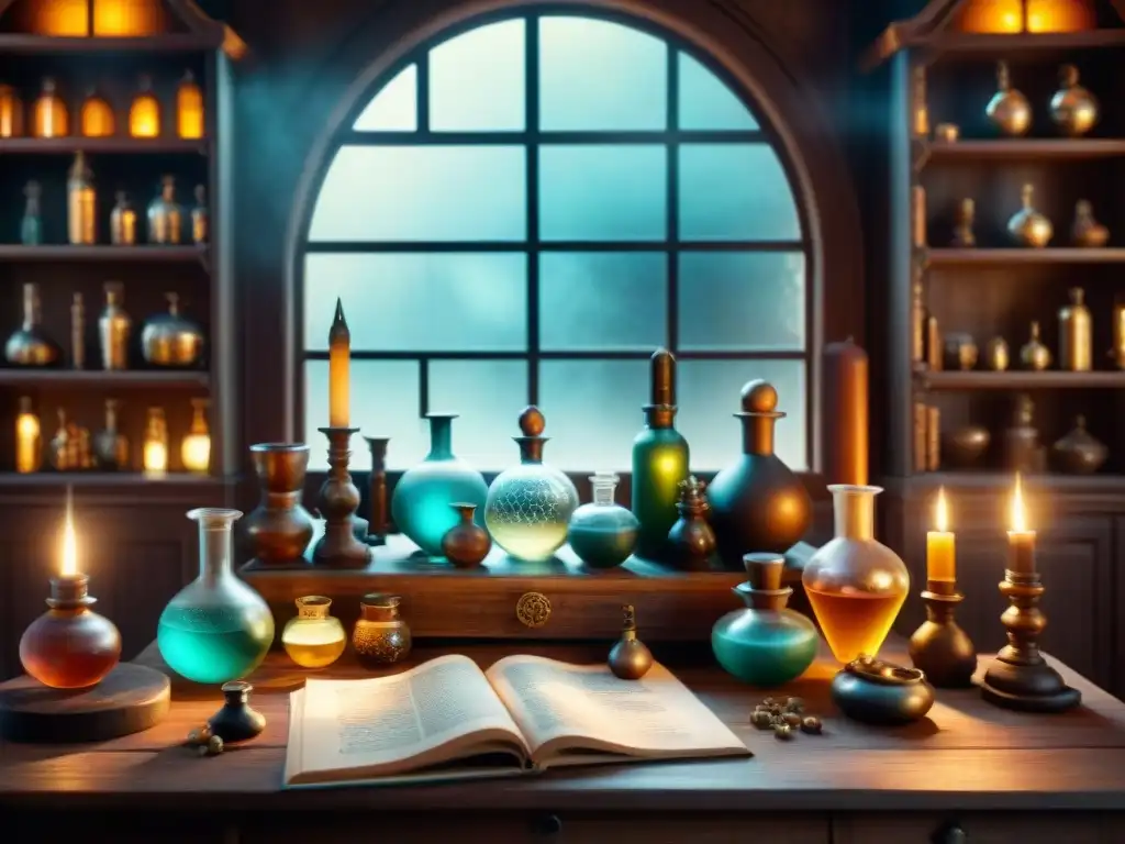 Un laboratorio de alquimia mística con pociones burbujeantes, pergaminos antiguos y cristales brillantes en una mesa de madera, iluminado por una cálida luz que filtra a través de ventanas polvorientas, evocando sabiduría ancestral y posibilidad mágica para apps de