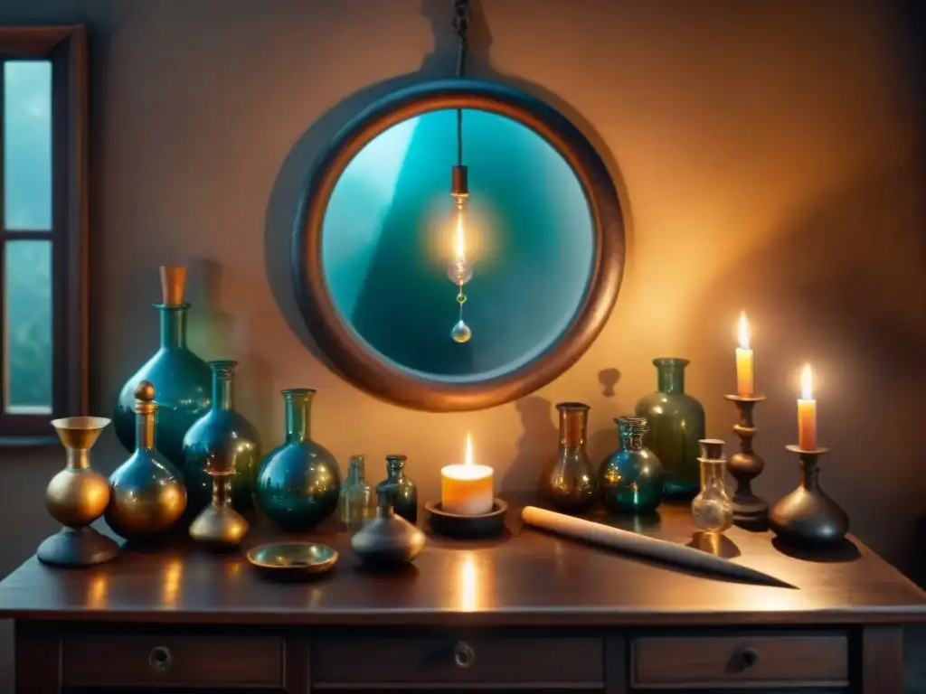 Un laboratorio de alquimia místico y sereno, con herramientas antiguas y luz de velas