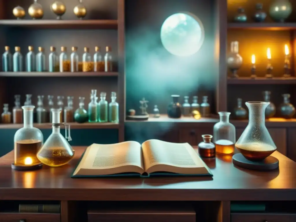 Un laboratorio de alquimia moderna con equipos antiguos, ingredientes misteriosos y un libro de símbolos alquímicos