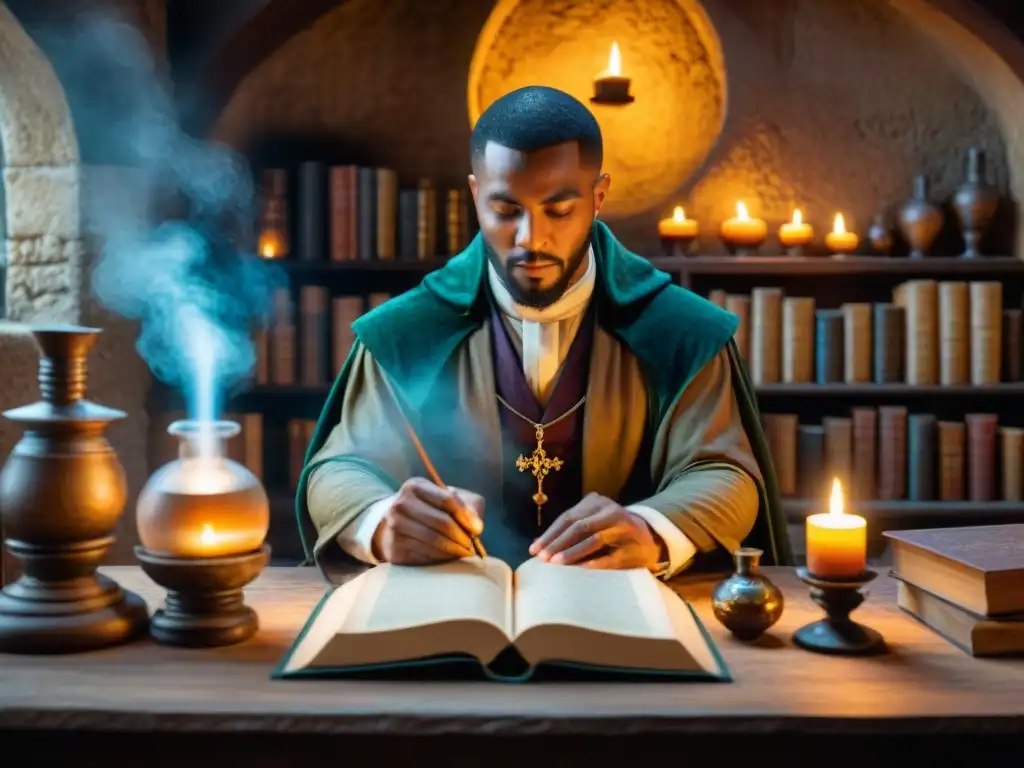 Laboratorio de alquimia oculto: misterios y encantamiento Un laboratorio de alquimia oculto lleno de prácticas secretas, libros antiguos y pociones burbujeantes, con un alquimista enigmático